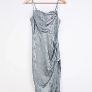Lulus Slate Blue Satin Floral Jacquard Dress
